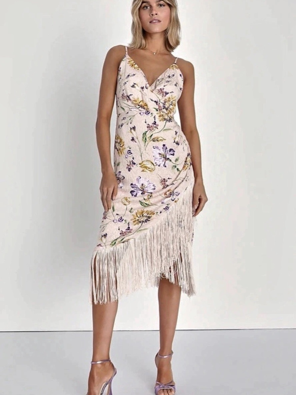 Lulus Irresistibly Fun Blush Pink Floral Jacquard Fringe Midi Dress wedding
